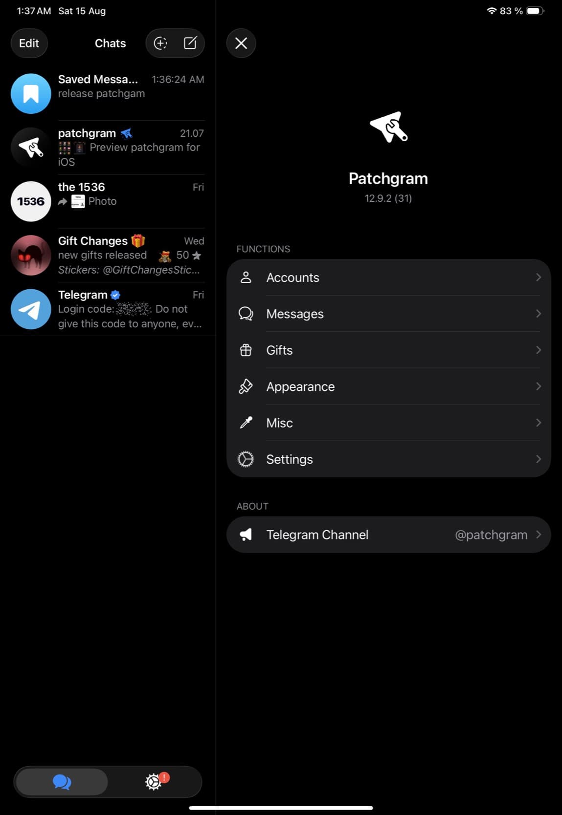 Benzinogram on iPad: the chat list beside the Benzinogram menu