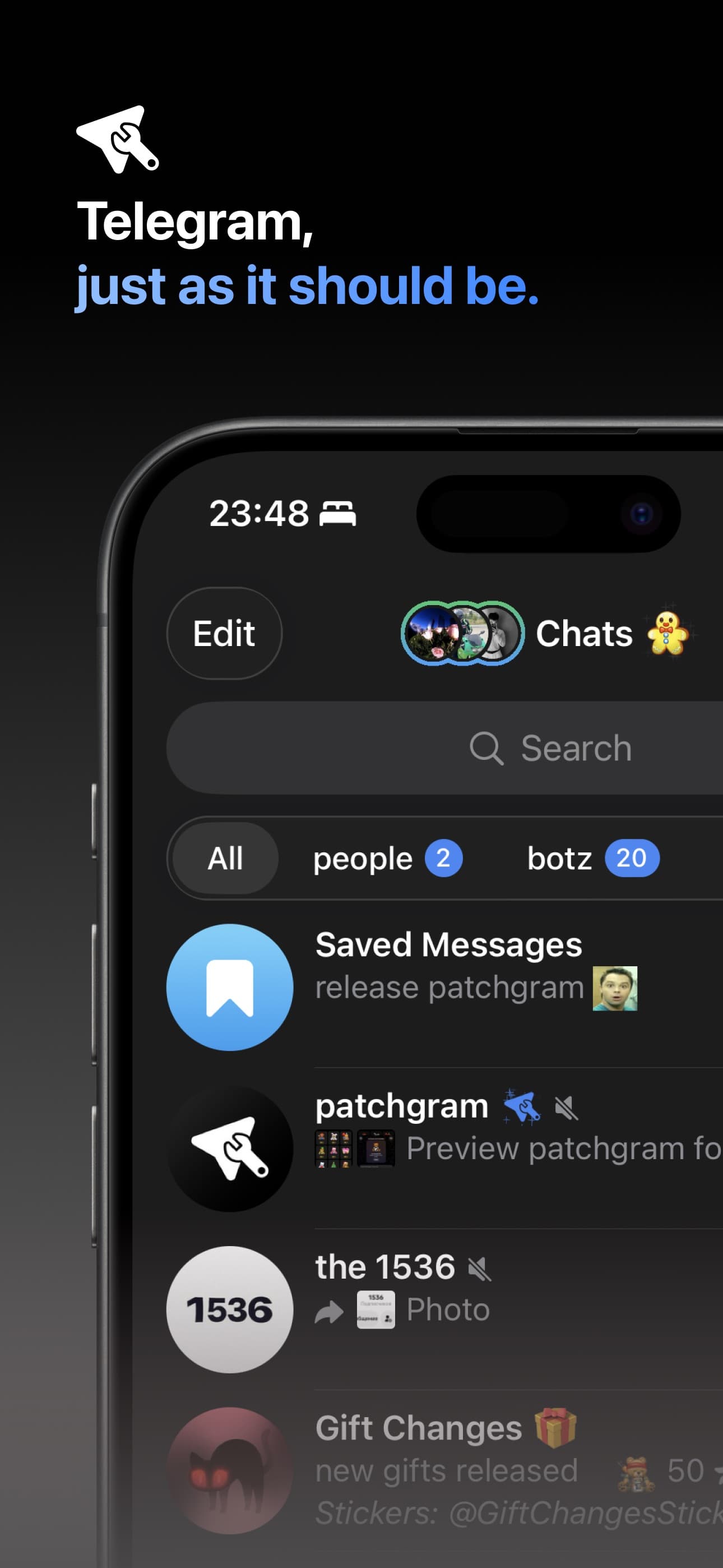 Benzinogram chat list with named folders, unread counts and a wide tab bar