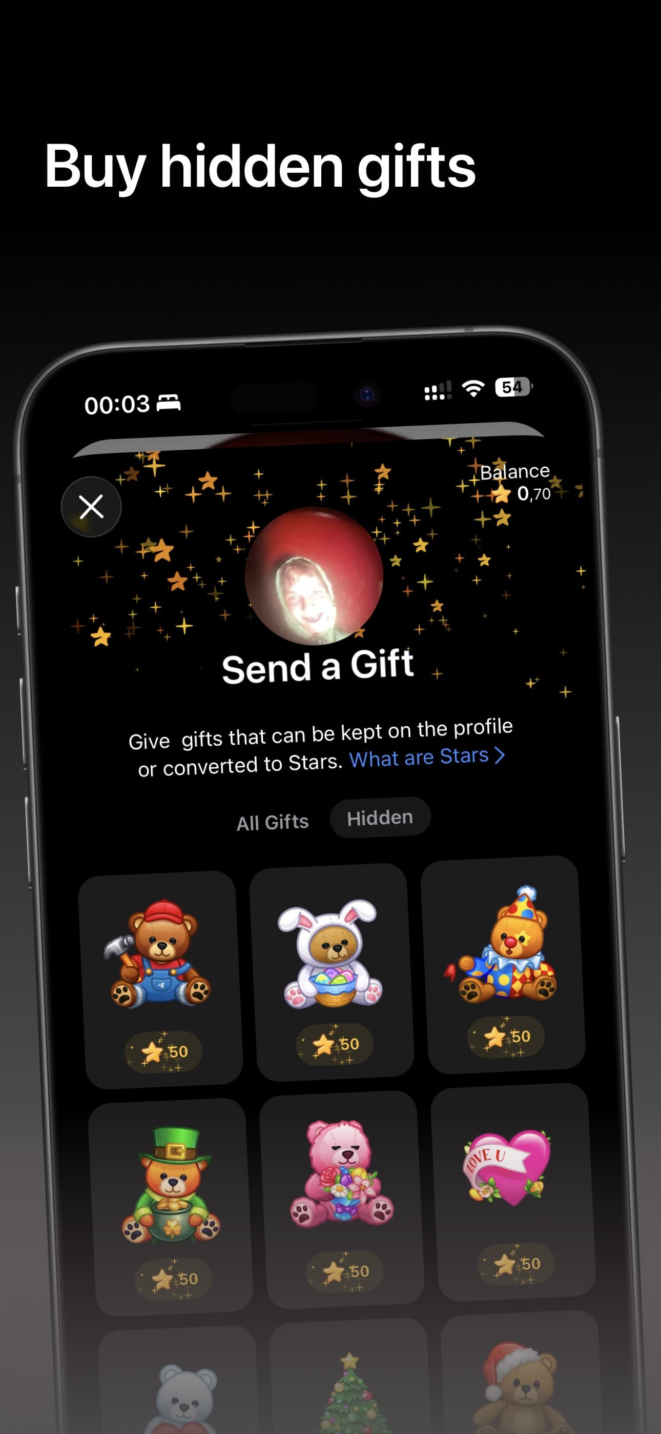 The gift sheet with the Hidden tab selected, listing gifts that are not public