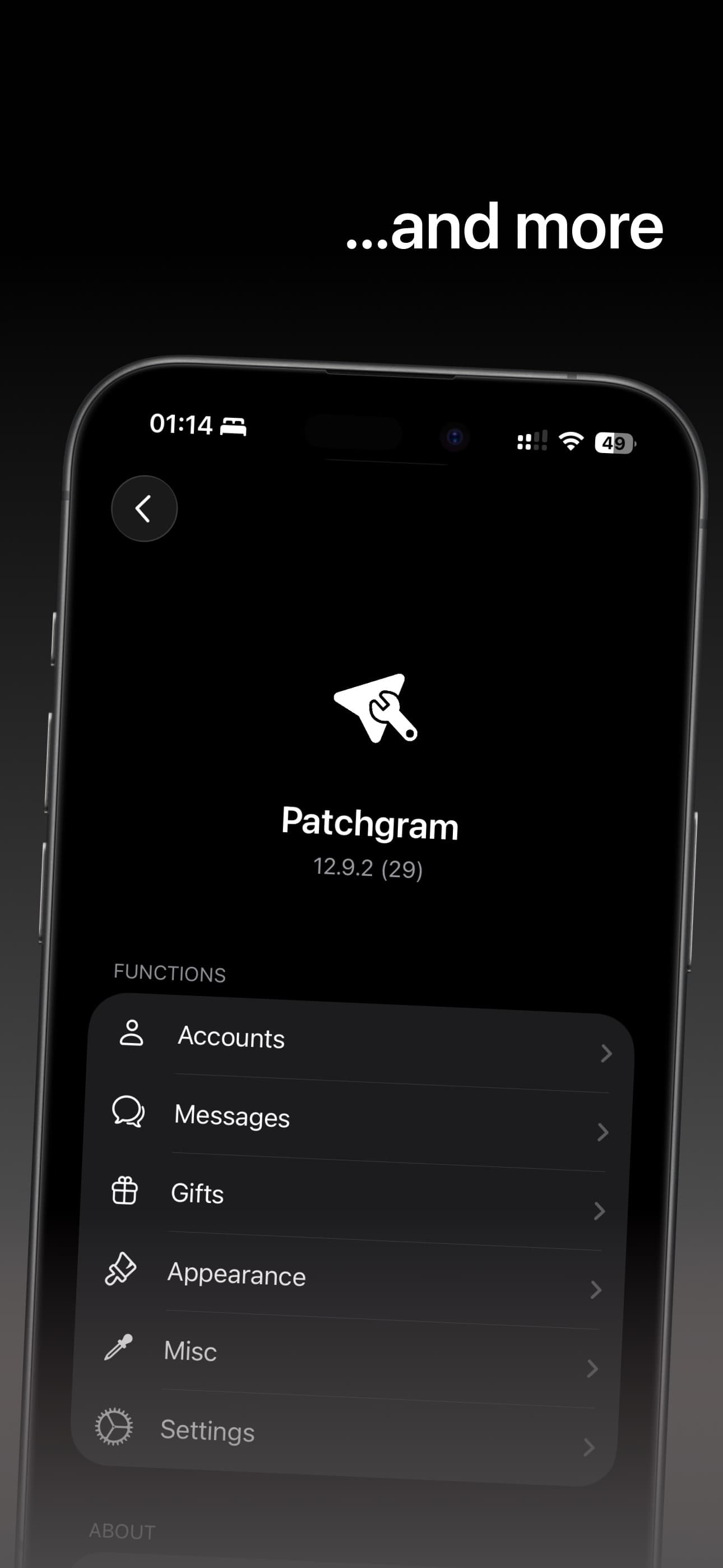 The Benzinogram menu: Accounts, Messages, Gifts, Appearance, Misc, Settings
